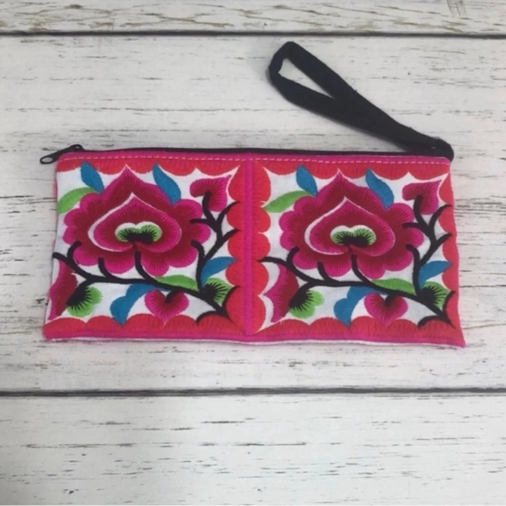 Floral Embroidered Clutch with Wrist Strap Vibrant colors